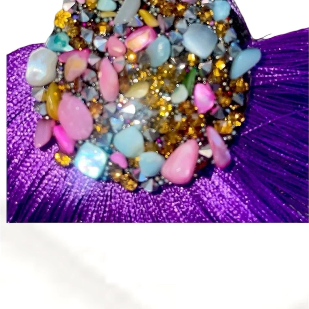 NWT Anthropologie Tassel Earrings Purple Fringe Multicolor Stone Crystals NEW